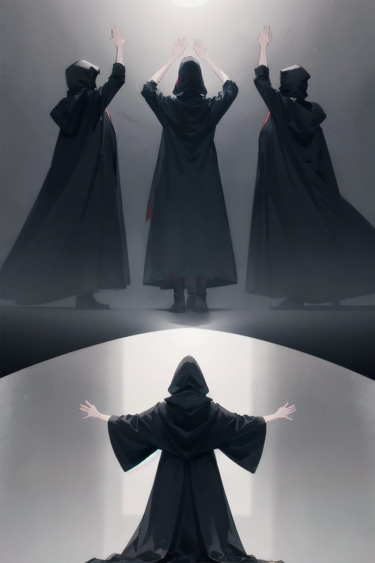 a tall person,a woman,from behind,raise both hands,looking up,prayer,(black hood), black robe,black cloak,big cloak,A glimpse of silver hair,long hair