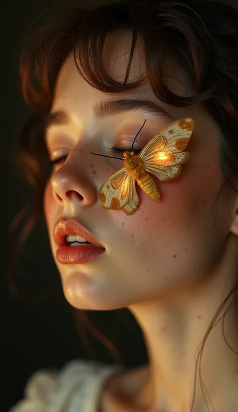   Create a hyper-realistic digital artwork of a young person with pale wings ,   freckled skin and brown hair  .   The face is in close up  ,   softly closed eyes  ,   showing a serene and peaceful expression  .  A large moth illuminated with daffodils ,  ...