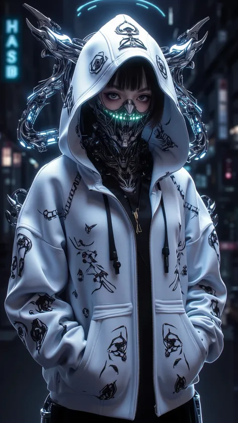 A dark fantasy illustration ， shows a highly stylized and vibrant digital art ， with a futuristic cyberpunk aesthetic 。  character wearing a white hoodie with delicate black patterns and a skull pattern， with a faint glow emanating from a futuristic air ho...