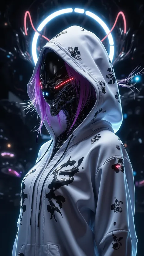 A dark fantasy illustration ， shows a highly stylized and vibrant digital art ， with a futuristic cyberpunk aesthetic 。  character wearing a white hoodie with delicate black patterns and a skull pattern， with a faint glow emanating from a futuristic air ho...