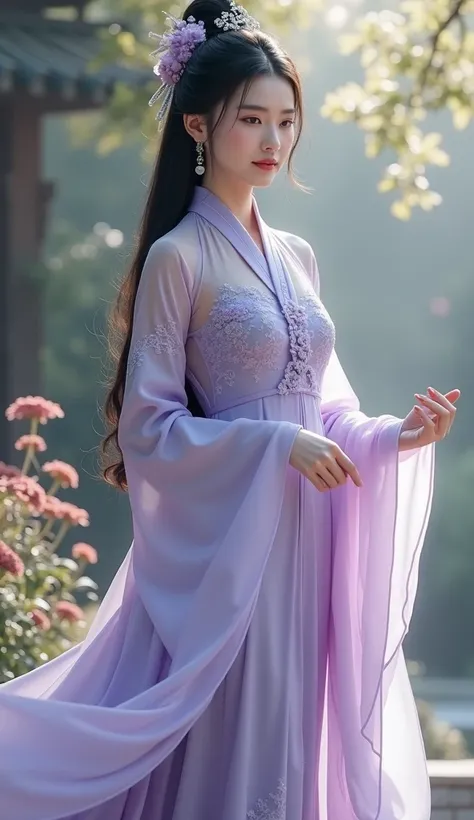 Woman wearing a light purple right hanfu dress