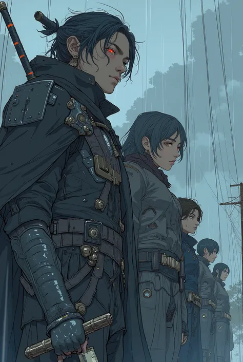  anime characters with swords and cloaks in the rain,  inspired by Okumura Masanobu,  index finger, Key Anime Art,  Handsome Anime Poses , Soejima Shigenori illustration  ,  to Inoue Akihiko and Ross Tran  , Kentaro Miura art, detailed Key Anime Art, Makot...