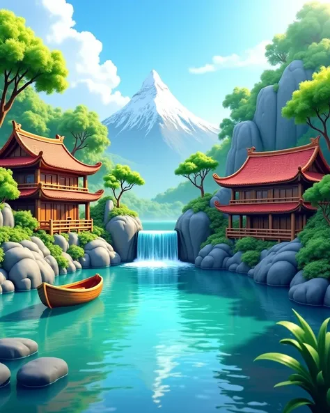 A serene, idyllic landscape featuring a tranquil river flowing past a cluster of charming wooden buildings, inspired by Asian architecture.  Wooden structures with terracotta-tiled roofs surround a picturesque waterfall cascading into the clear, turquoise ...