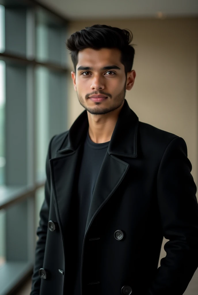 A handsome Bengali boy 20 years old with a black coat, look professional 