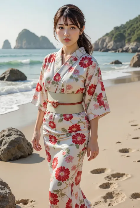 ( Masterpiece, highest quality, highest quality, 超 Hi-Res, Hi-Res, ray tracing, 8k, 1 girl completely naked, Alone:1.4)
break ( full body:1.4) Picture of a woman wearing a kimono walking along the seashore, The sound of waves, Beach Rocks and Stones...