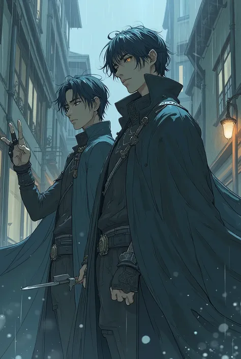 Anime characters with swords and cloaks in the rain,  Concept Art , Trending on Pixiv,  what is it ？,  index finger, Key Anime Art,  Handsome Anime Poses , Soejima Shigenori illustration  ,  to Inoue Akihiko and Ross Tran  , Kentaro Miura art, detailed Key...