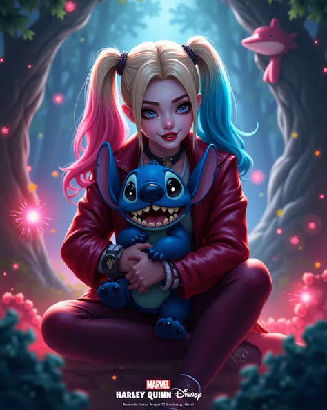 Harley Quinn (age:1.1, ethnicity:1.1, detailed clothing:1.2, accessories:1.1, facial features:1.3, expression:1.2, pose:1.2), holding Stitch (age:1.1, detailed design:1.2), in a vibrant, stylized forest scene, central composition, facing the viewer, shot f...