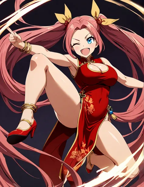 1girl,chinese clothes,china dress,Strong-willed,Winning spirit,twintails,parted bangs,forehead,gold bracelet,gold anklet,red dress,sleeveless,very long hair,absurdly long hair,crimson pink hair,big breasts, clothing cutout, jewelry, cleavage cutout,blue ey...