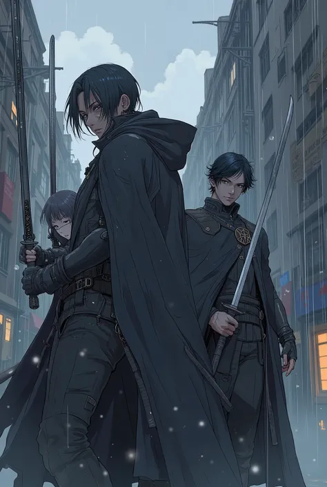  anime characters with swords and cloaks in the rain,  Concept Art , Trending on Pixiv,  what is it ？, Key Anime Art,  Handsome Anime Poses , Soejima Shigenori illustration  , From Akihiko Inoue and Ross's Mantle 、 dynamic poses、 tran  , Kentaro Miura art,...