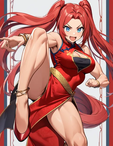 1girl,chinese clothes,china dress,Strong-willed,Winning spirit,twintails,parted bangs,toned female,wiry, forehead,gold bracelet,gold anklet,sleeveless,very long hair,absurdly long hair,red hair,big breasts,red shirt, clothing cutout, jewelry, cleavage cuto...