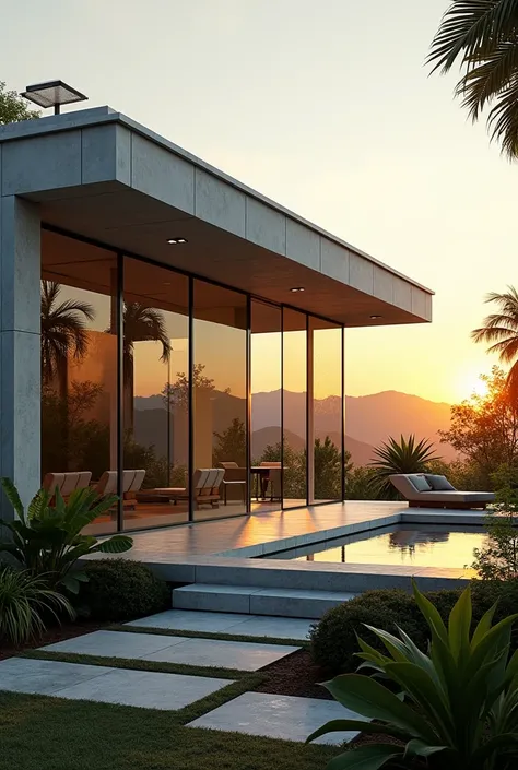 Create an ultra-realistic image of a modern, futuristic house viewed from the outside. The facade consists of large glass windows, a polished concrete wall, and brushed metal details. The architecture is minimalist with clean lines, and the house is surrou...