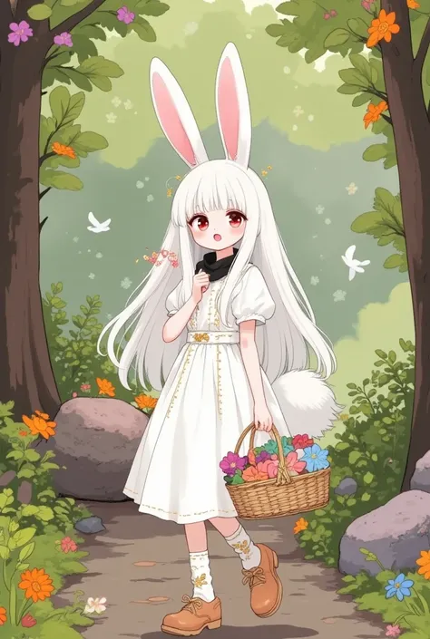 ( masterpiece, highest quality:1.2),Hand drawn illustrations, watercolor, Kawaii white bunny girl in a fantasy world , girl\( 非常可爱的 girl ,Rabbit tail , white fluffy bunny ears , Very Long Hair ,White hair, warm crimson eyes ,  shining eyes, Smile,Shut up, ...