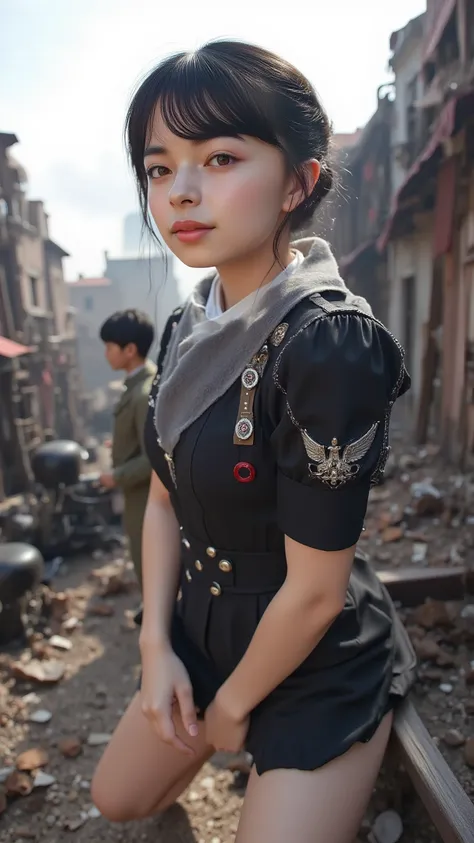 ( Masterpiece), ( highest quality), ( very detailed), ( Hi-Res),( anime illustration),( 8k uhd), Japanese face 、 beautiful girl、I have a thin figure、German military uniforms during World War II、19th Century European Style 、 cinematic quality 、Black short h...