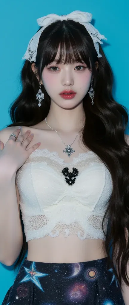 32k, Masterpiece, Top Quality, (Korea's Beautiful Women) Close-up, eye-level, long wavy dark brown hair, white lace bow, white bra transparant , (underboob: 1.2), cat print, dark skirt, space print, black detailing, bright blue background, playful, youthfu...