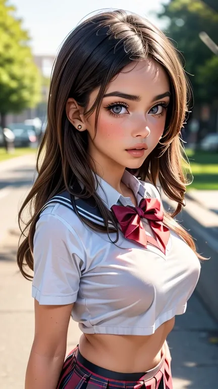 (2girls), Brown hair, Amazing face and eyes, Pink eyes, (hi-school uniform with wide open breasts:1.2), beautiful big breasts, bare breasts, (amazingly beautiful girl), Brown hair, (High School Uniform, Pleated mini-skirt:1.5), ((Best Quality)), (Ultra-det...