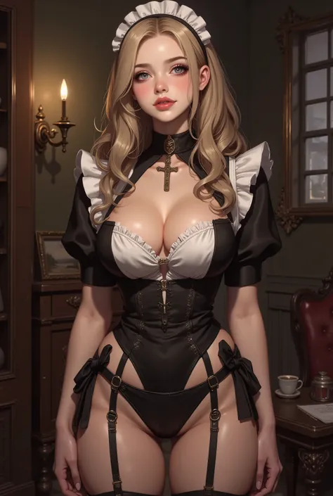 illustration of A stunningly beautiful sexy age girl, a 20-year-old girl with long, wavy blonde hair, wearing a slutty French Maid uniform, very short skirt, low-cut, ample and juicy cleavage. She ha a petite body, slim, perfect figure, narrow hips, narrow...