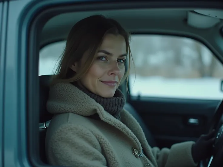 A cinematic realistic photo depicting a satisfied serious European lady sitting in her (czech) car behind wheel, realistic winter landscape. The image uses film-like composition and lighting, with dramatic style.