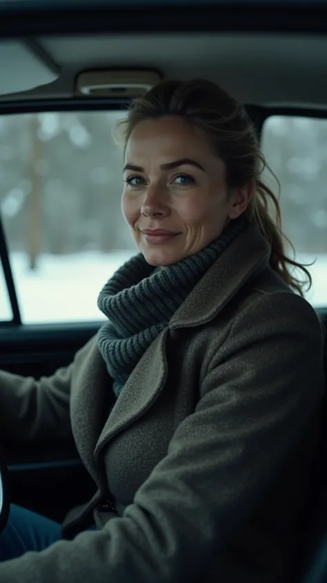 A cinematic realistic photo depicting a satisfied serious European lady sitting in her (czech) car behind wheel, realistic winter landscape. The image uses film-like composition and lighting, with dramatic style.