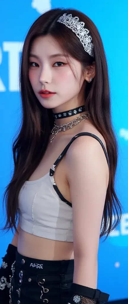 32k, Masterpiece, Top Quality, (Korea's Beautiful Women) Close-up, eye-level, long wavy dark brown hair, white lace bow, white bra transparant , (underboob: 1.2), cat print, dark skirt, space print, black detailing, bright blue background, playful, youthfu...