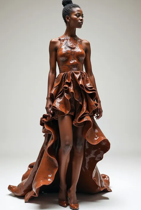 Experimental 3D-printed fashion inspired by handcrafted brown pottery, sculptural avant-garde dress, biomorphic ceramic patterns, metallic glaze effect, futuristic yet organic, high-concept runway fashion --v 5 --q 2 --ar 9:16