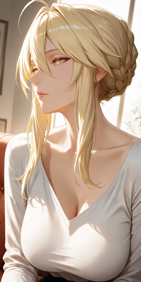 Masterpiece, very aesthetic, vibrant, high contrast, elegant mature woman, artoria pendragon (lancer) (fate), upper body, curvaceous, long sleeve shirt, collarbone, sit on the sofa, relaxing, comfy,dynamic angle, best quality, high saturation, home, semrea...