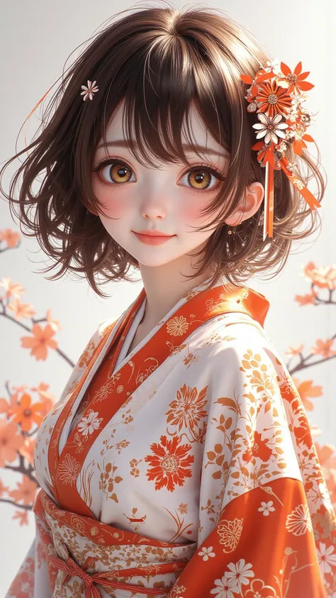  ，A beautifully drawn portrait of a girl with a short side Liu Hai 、 Brown Hair 、 Design should be subtle ，Wearing a kimono， looking down from above at the viewer ， in bright orange highlights ， showcases the highest quality craftsmanship