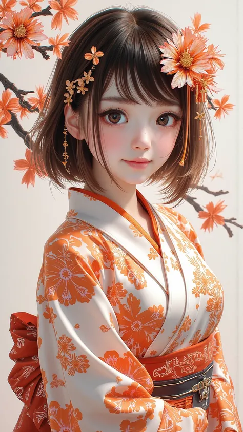  ，A beautifully drawn portrait of a girl with a short side Liu Hai 、 Brown Hair 、 Design should be subtle ，Wearing a kimono， looking down from above at the viewer ， in bright orange highlights ， showcases the highest quality craftsmanship