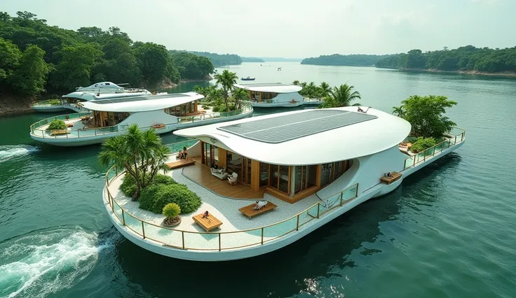 A big village of futuristic modern shape floating mobile home is set on a white raft with exposed terrazzo floors,connected together. surrounded by a green glass fence around the edges of it's rafts, The roof is complete covered with solar panels. few grou...