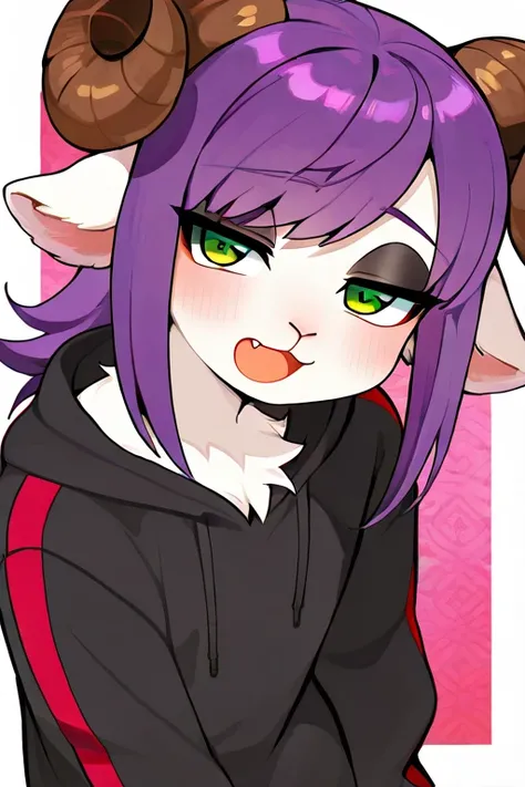  better quality，Hairy，fine fur， green eyes，One，male，全身Hairy， Fluffy fur， purple hair ，white fur，red striped，swept-back bangs， boring ，fang，shaded, sheep horns, sheep ears，black eyeshadow，medium-length hair，Hairy雄性， anime style，beautiful， black sweatshirt