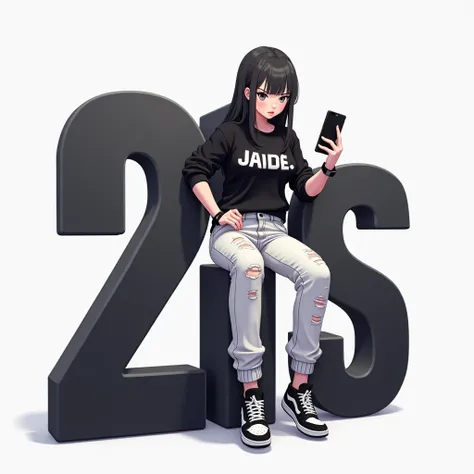 Create a anime Image of a 21 Years Old big breast Anime girl Sitting on a 3D Large Word "21st" which has Black Color and Design. The background is a white and grey gradient background and the anime girl has a Fierce face with Making a selfie in her phone s...