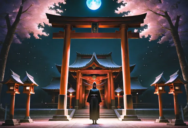 A mysterious ninja in traditional black attire, standing under a full moon, surrounded by falling cherry blossoms. The scene is set in a tranquil Japanese shrine with a red torii gate in the background. The ninja’s silhouette blends with the night, creatin...