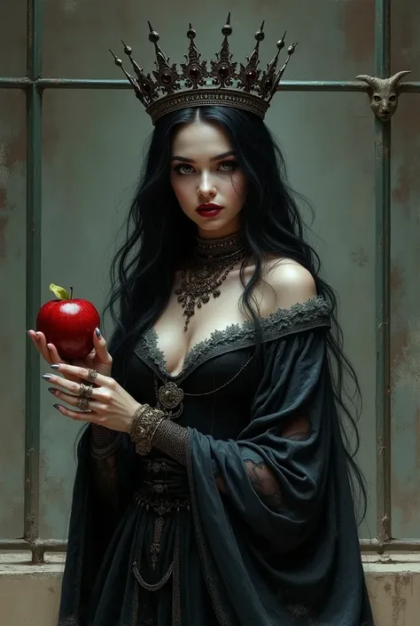 Girl,Black long hair，Black Queen，accessories，Apple in hand，Poison apples，Witch Queen，Red lipstick.        Sketch this pls