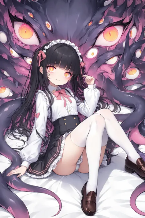 incredibly absurdres, wallpaper, artbook, stars, butterfly, loli, 2 no humans, queen, black hair, blunt bangs, orange eyes, pink eyeshadow, glowing eyes, small breasts, white silk stocking, Skirt, lolita fashion, collared shirt , loafers, stockings, seduct...