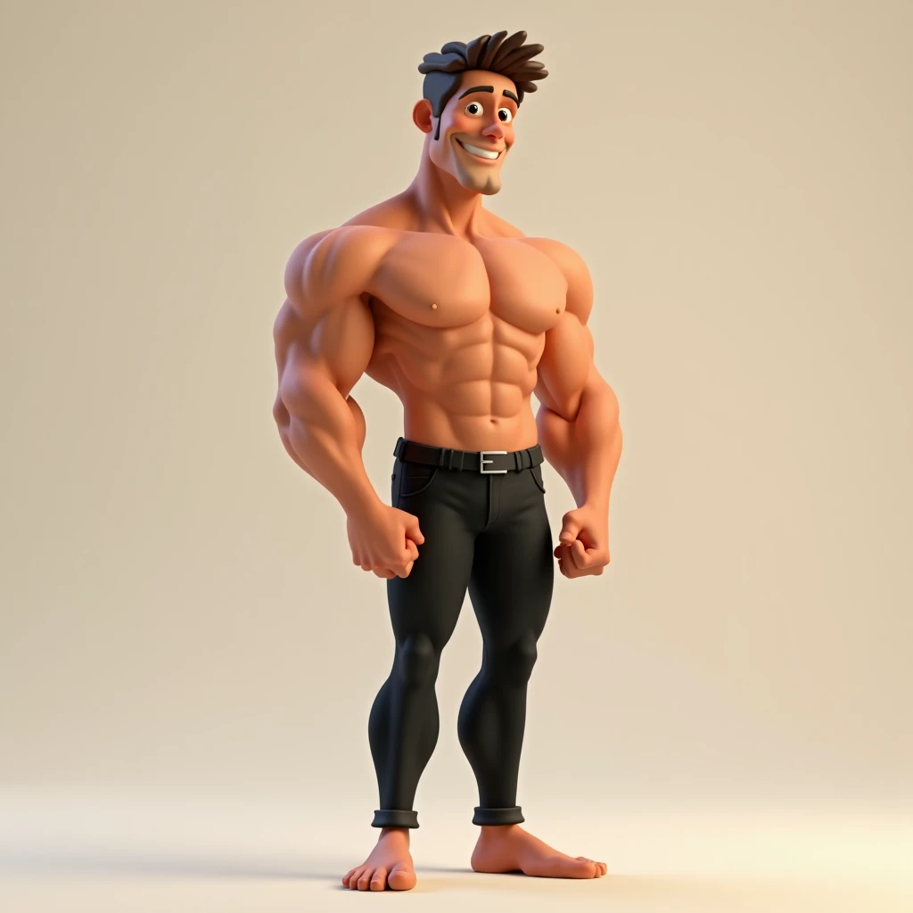 ""A 3D animated full-body depiction of a father in a Disney-inspired style. He has a strong, well-built physique with a broad chest and toned muscles, his upper body fully exposed. His skin is smooth with a natural glow, highlighting his masculine features...