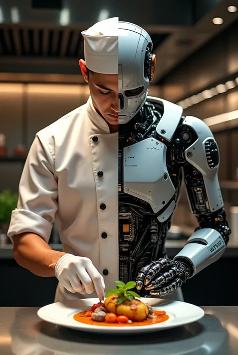 A futuristic restaurant kitchen visually divided into two distinct halves but seamlessly blending into a single cohesive scene. On one side, a professional chef’s torso and hands are visible, dressed in a sleek chef’s uniform, carefully plating a gourmet d...