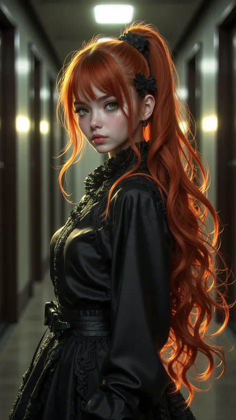  A sexy gothic girl ， hair combed into a ponytail ，Fiery red long hair ， Green eyes ， Cute playful face ，Half-length portrait，Under the light， shows delicate eyes and beautiful expression， in the hallway ， surrounded by glowing divine light 。