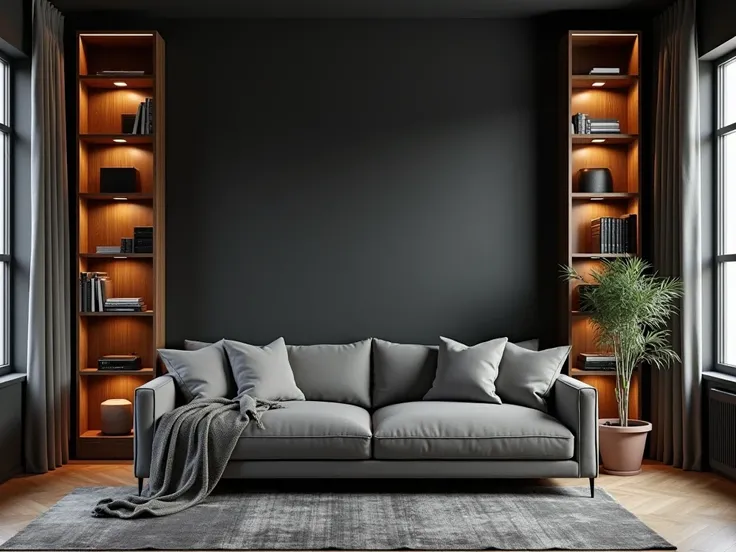  creates 1 sharp 3d background image,   photos taken in small and medium sized private rooms , There are bookshelves, with LED lights,  with small decorative greenery , dark color,  Has a modern and sophisticated sofa 