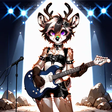  Furry A young female Antro-Olenikha performs with a guitar at a Rock Concert, Furry of the underground female Olenenikha, furry deer,  bright dynamic poses ,  sexy appearance young figure hourglass , spiked collar,  short topic bare chest Holey Shorts you...