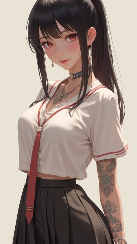  A single girl with tattoos and neck piercings on her body，With a ring 、 jewelry such as necklaces and bracelets 。 She has a sexy face 、 Ponytail Hairstyle ， Wearing School Uniform ， with a buttoned shirt and pleated skirt 。 Dark Hair、long hair、red eyes、 s...