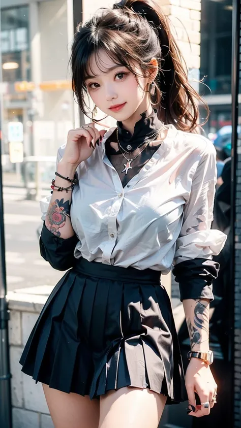  A single girl with tattoos and neck piercings on her body，With a ring 、 jewelry such as necklaces and bracelets 。 She has a sexy face 、 Ponytail Hairstyle ， Wearing School Uniform ， with a buttoned shirt and pleated skirt 。 Dark Hair、long hair、red eyes、 s...