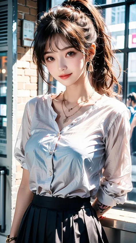  A single girl with tattoos and neck piercings on her body，With a ring 、 jewelry such as necklaces and bracelets 。 She has a sexy face 、 Ponytail Hairstyle ， Wearing School Uniform ， with a buttoned shirt and pleated skirt 。 Dark Hair、long hair、red eyes、 s...