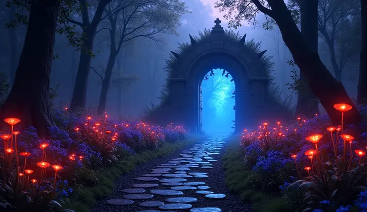 A highly detailed, realistic image of a gloomy cursed forest at night; summer, night time; violet haze;  an old stone portal is visible in the distance; a blue light is glowing inside the portal; a winding pathway leads to the portal; red, blue and orange ...