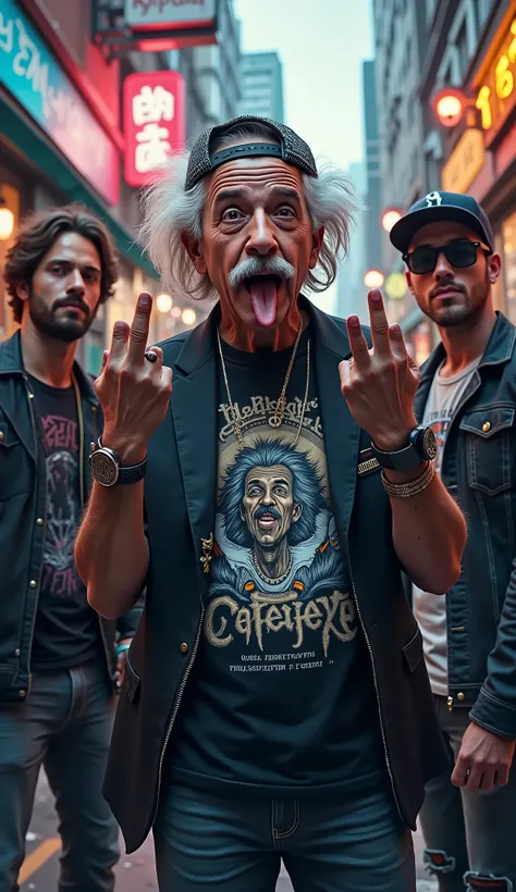 Albert Einstein in a hip-hop outfit, who stood next to Linkin Park and pointed his middle fingers in both hands and licked his tongue for the camera.