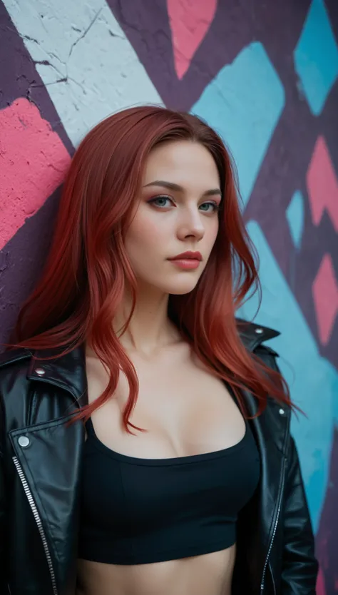 score_9_ up , score_8_ up , score_7_ up , Abstract, 1 girl, alone, Age 25, PERFECT FACE IN DETAILS, Close view ,(adult), Scarlet Witch, sexy,Red Hair, stares at viewers, leather jacket, black crop top, cyberpunk, portrait photo, beautiful eyes, cowbo...