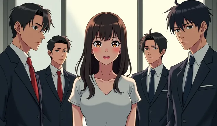 one lady and four Japanese businessmen gazing at the lady, the four men is away from the lady, anime