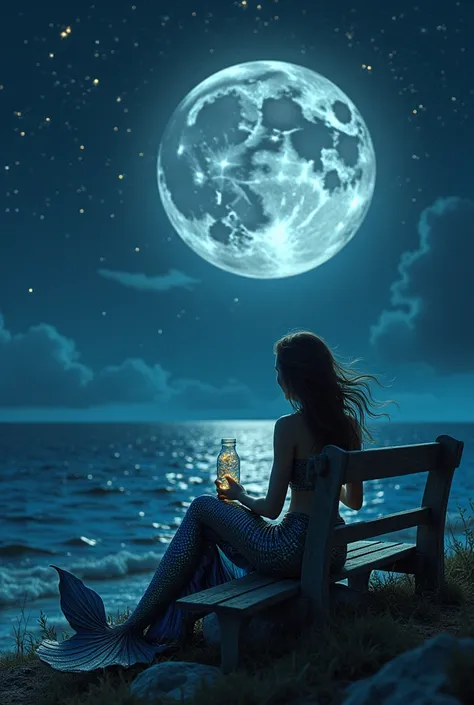 A mermaid sitting on the bench and she is beautiful and sexy her hair waving to wind she is looking at the full moon of the night sky  there are a lot of stars in the sky a bottle of stars near by her she is opening it