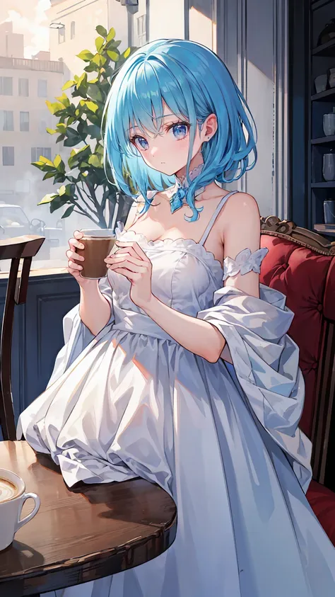 a girl with blue hair, medium hairstyle, turquoise eyes, beautiful hands, perfect figure, in a cafe, date scene, realistic, photorealistic, 8k, ultra-detailed, masterpiece, elegant, soft lighting, warm color tones, cinematic, atmospheric, intricate details...