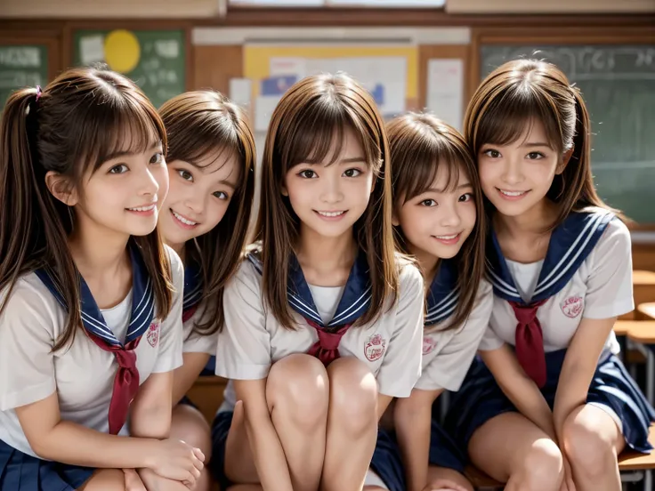  Masterpiece, Hi-Res,Product quality,(Well-balanced:1.5),Young beautiful Japanese woman,smile,(( 3 high school girls in sailor suits )), beautiful detailed eyes , beautiful lips down to the smallest detail , extremely detailed eyes and face, long eyelashes...