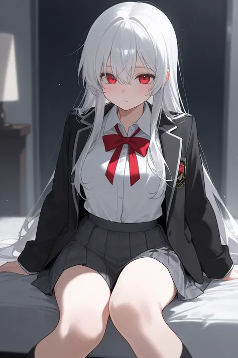 A white-haired woman with red eyes is sitting with a black-haired man with red eyes