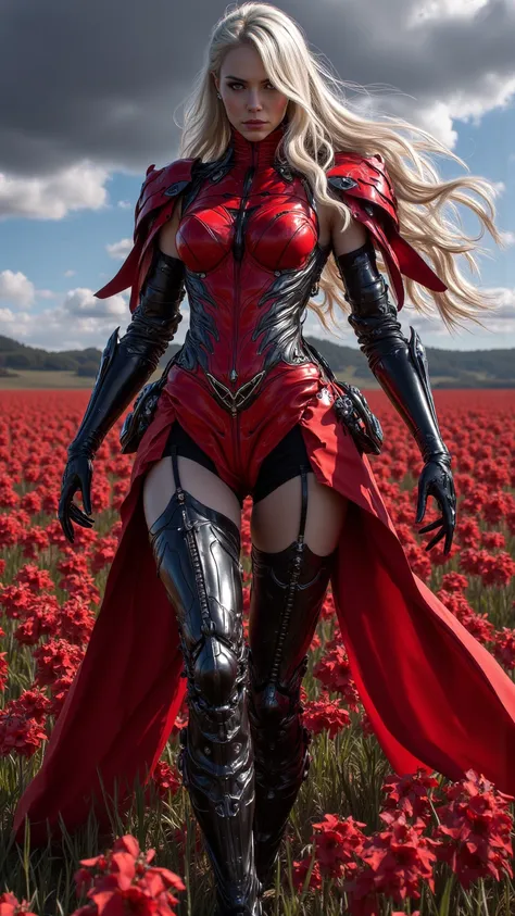  An excellent depiction ， shows a female character wearing a red themed armored dress，Gloves， Black thigh-high socks and heels ， Blonde Hair，An absolute field ， of mesmerizing style 。